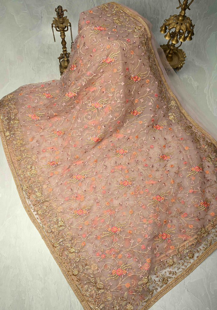 Dusty Rose Floral Embroidery Jaal on Net Saree with Stone, Zari Thread Handwork and Lace Border
