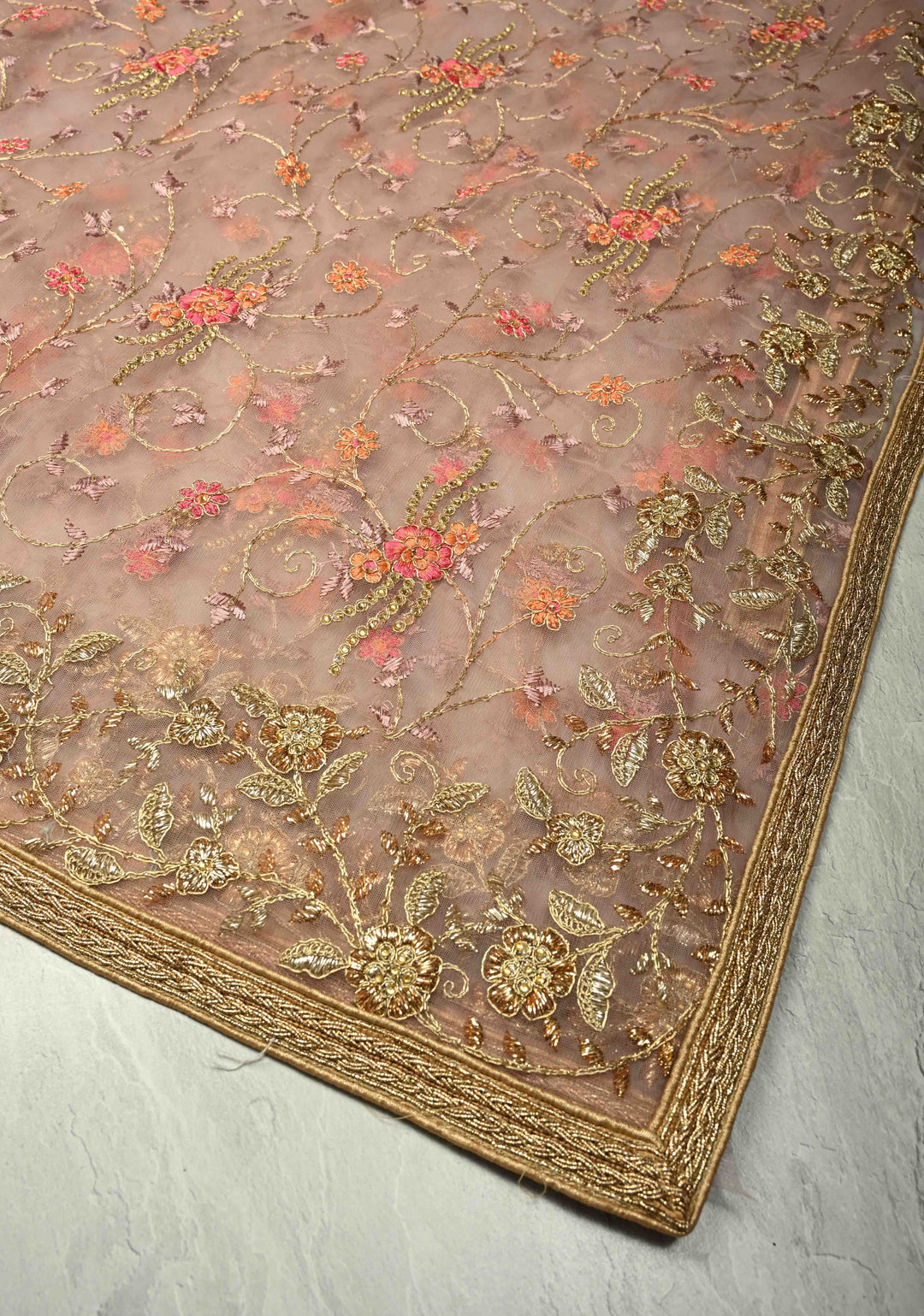 Dusty Rose Floral Embroidery Jaal on Net Saree with Stone, Zari Thread Handwork and Lace Border