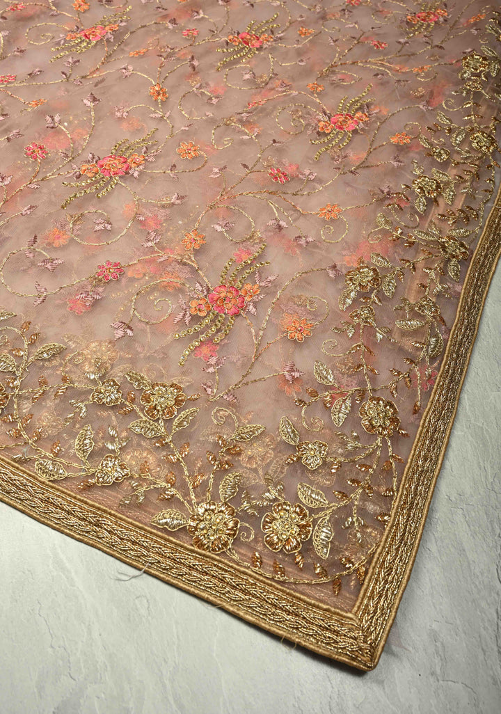Dusty Rose Floral Embroidery Jaal on Net Saree with Stone, Zari Thread Handwork and Lace Border