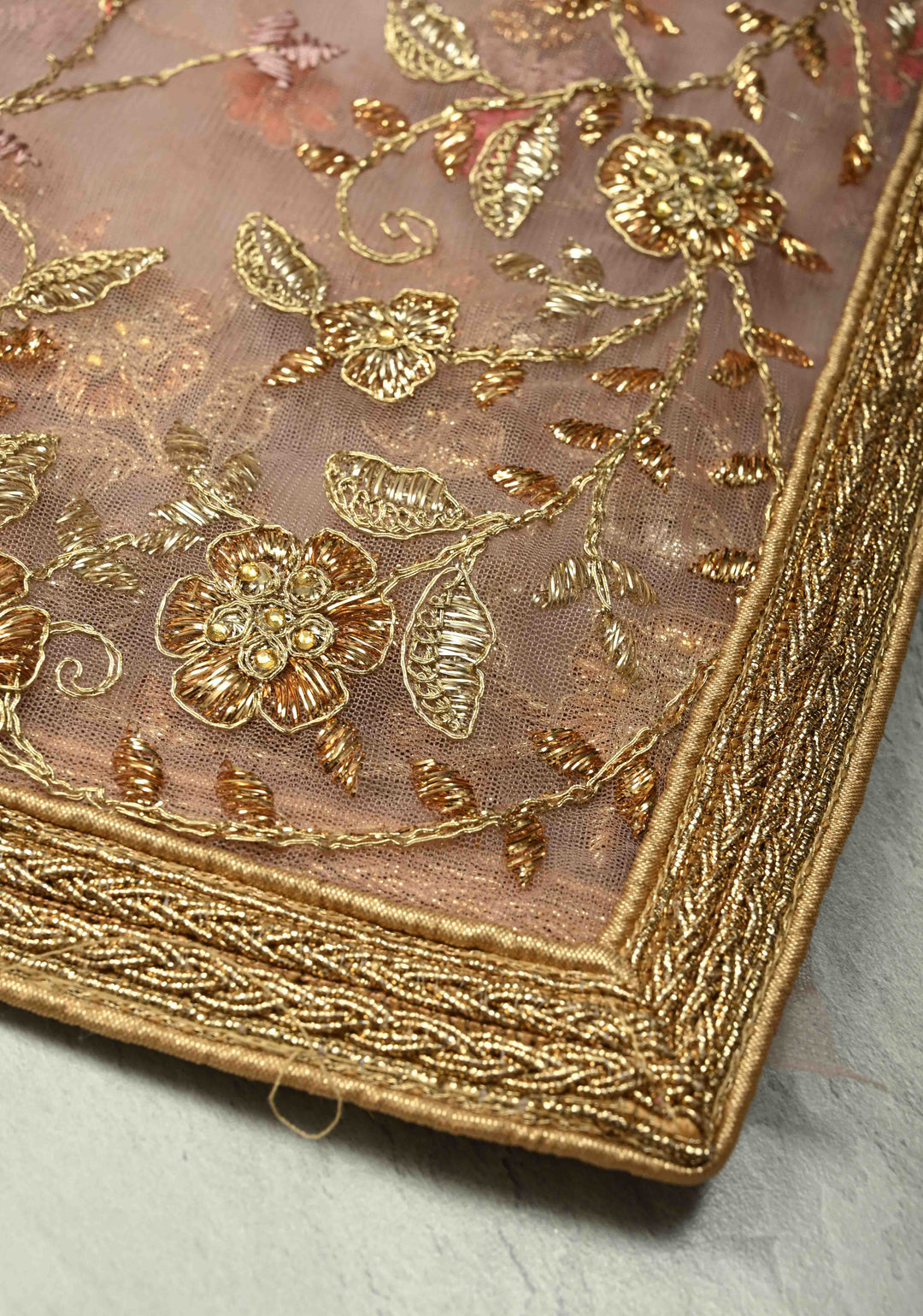 Dusty Rose Floral Embroidery Jaal on Net Saree with Stone, Zari Thread Handwork and Lace Border