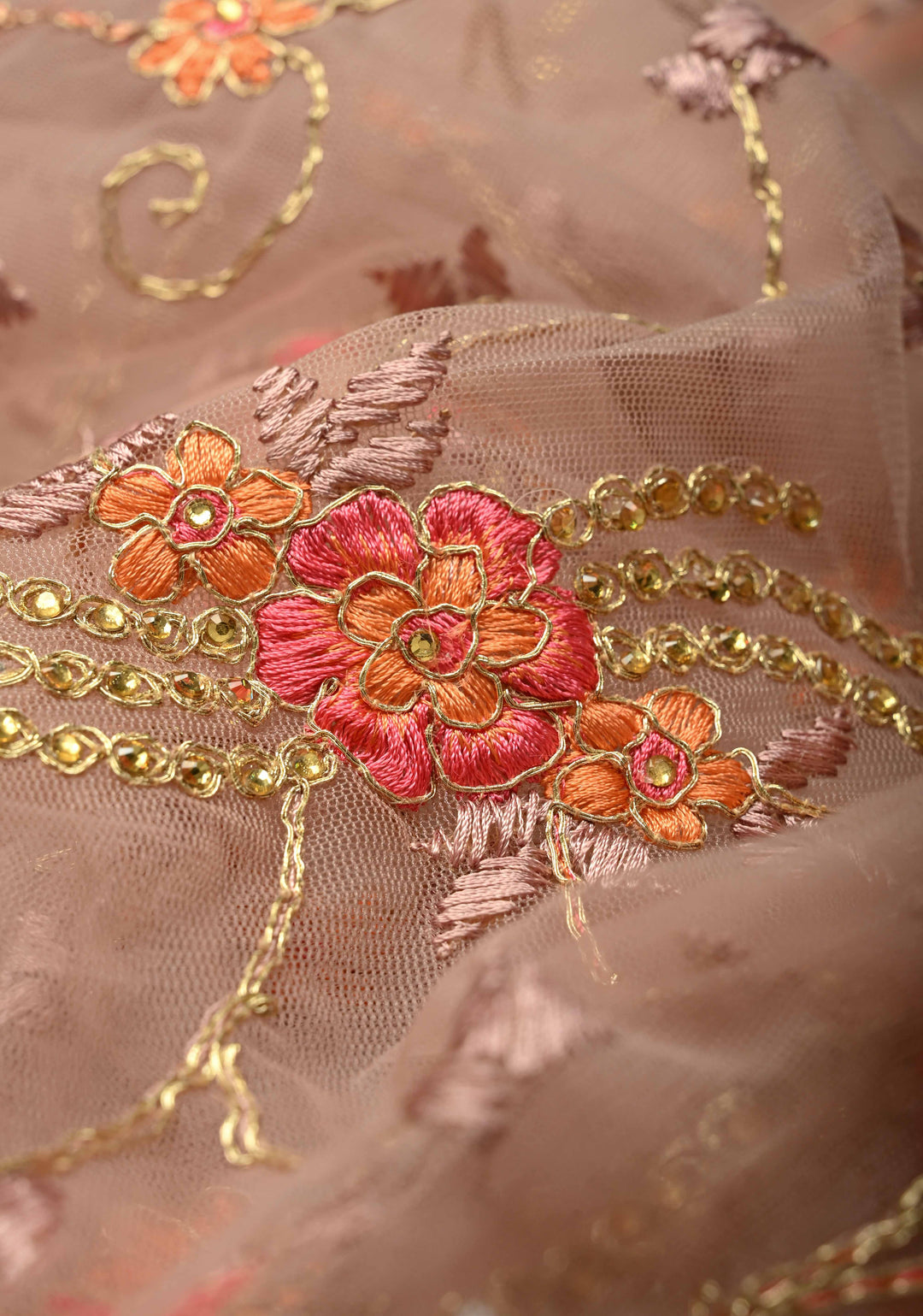 Dusty Rose Floral Embroidery Jaal on Net Saree with Stone, Zari Thread Handwork and Lace Border
