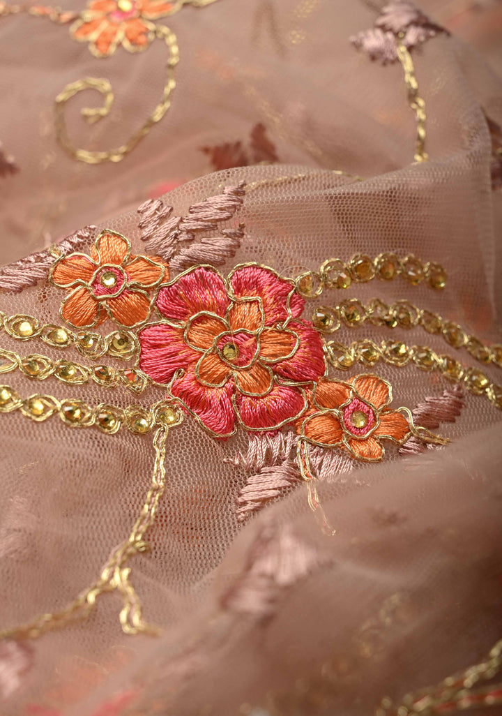 Dusty Rose Floral Embroidery Jaal on Net Saree with Stone, Zari Thread Handwork and Lace Border