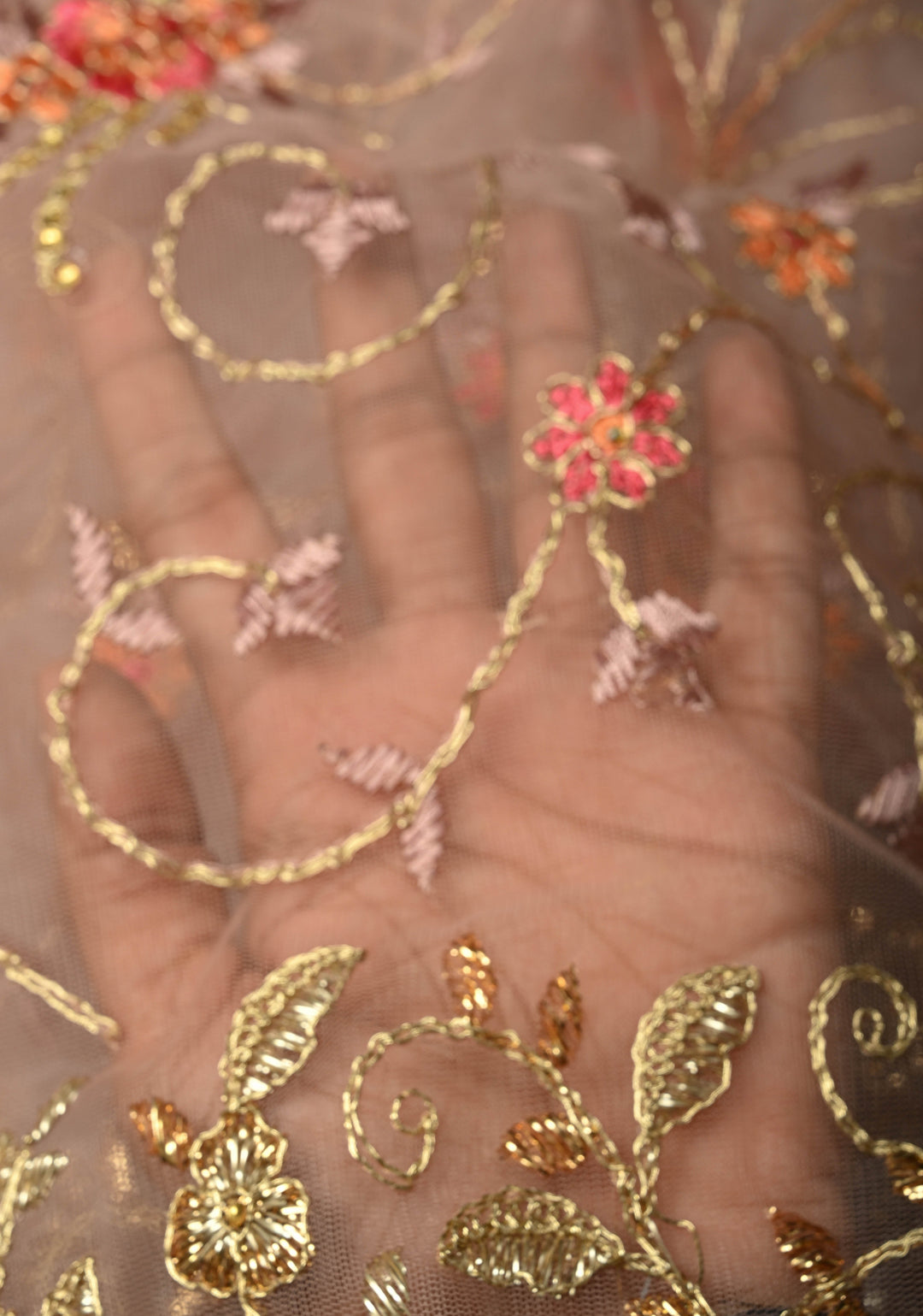 Dusty Rose Floral Embroidery Jaal on Net Saree with Stone, Zari Thread Handwork and Lace Border