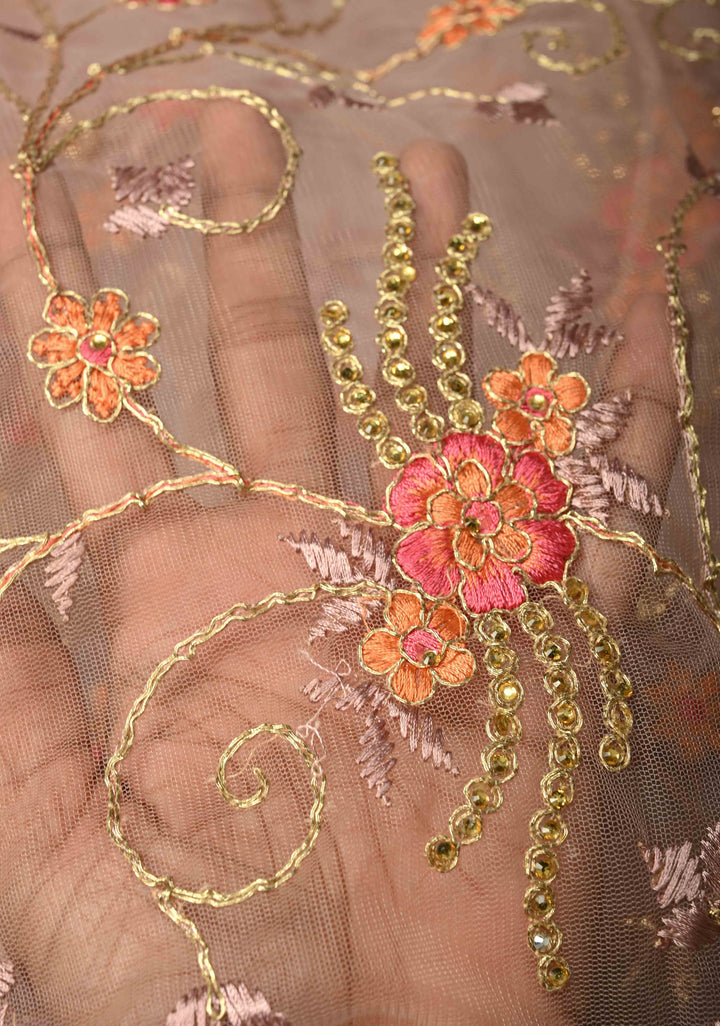Dusty Rose Floral Embroidery Jaal on Net Saree with Stone, Zari Thread Handwork and Lace Border