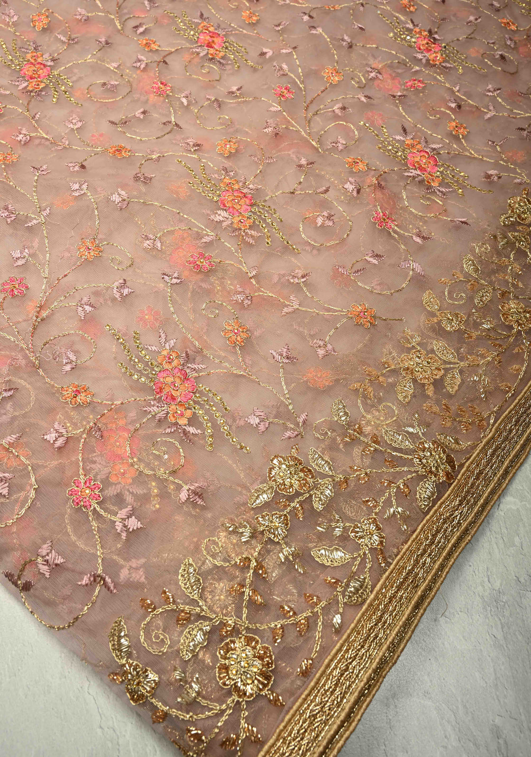 Dusty Rose Floral Embroidery Jaal on Net Saree with Stone, Zari Thread Handwork and Lace Border