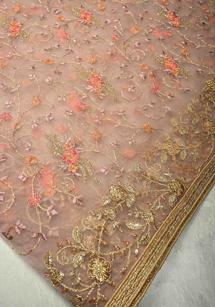 Dusty Rose Floral Embroidery Jaal on Net Saree with Stone, Zari Thread Handwork and Lace Border