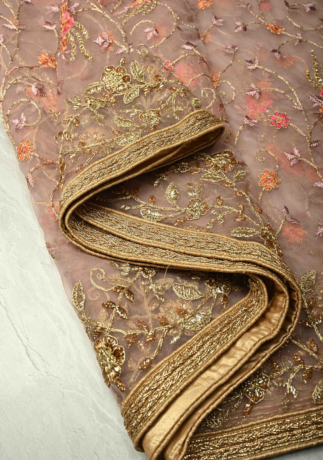 Dusty Rose Floral Embroidery Jaal on Net Saree with Stone, Zari Thread Handwork and Lace Border