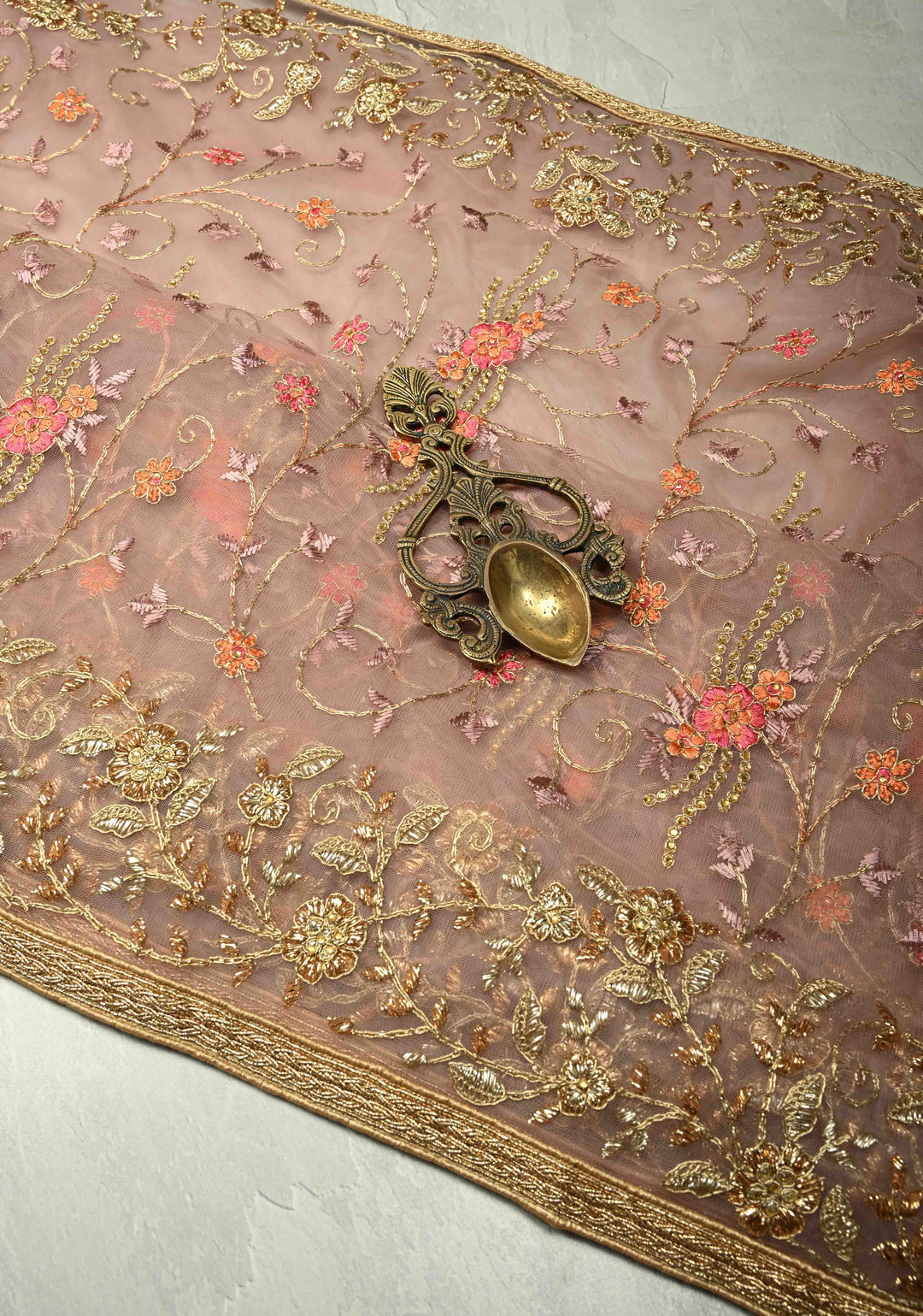 Dusty Rose Floral Embroidery Jaal on Net Saree with Stone, Zari Thread Handwork and Lace Border