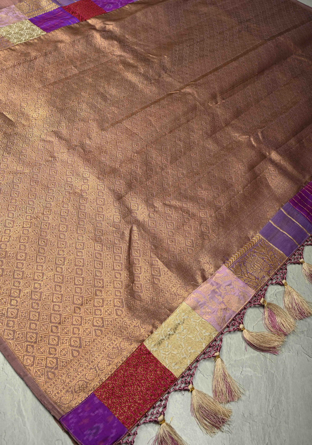 Dusty Mauve Borderless Pure Kanjivaram Silk Saree with Gold-Silver Buttas and Contemporary Patchwork on Pallu  | SILK MARK CERTIFIED
