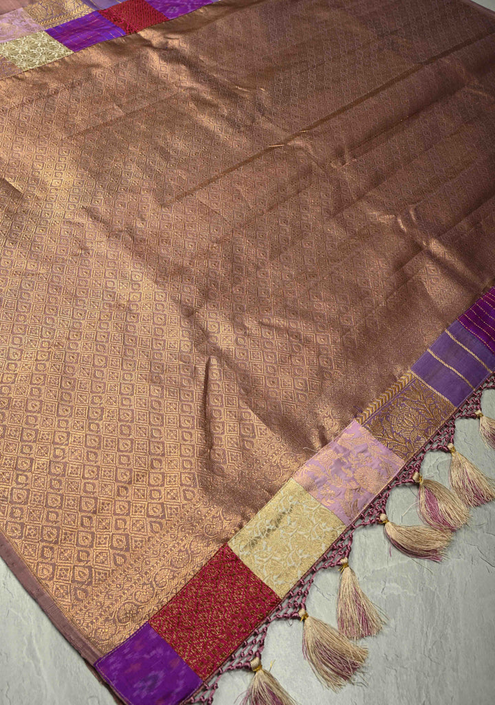 Dusty Mauve Borderless Pure Kanjivaram Silk Saree with Gold-Silver Buttas and Contemporary Patchwork on Pallu  | SILK MARK CERTIFIED