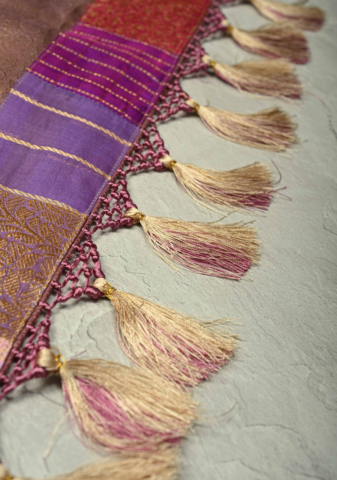 Dusty Mauve Borderless Pure Kanjivaram Silk Saree with Gold-Silver Buttas and Contemporary Patchwork on Pallu  | SILK MARK CERTIFIED