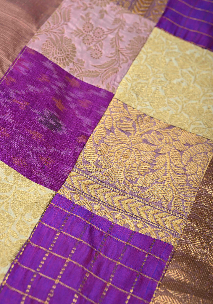 Dusty Mauve Borderless Pure Kanjivaram Silk Saree with Gold-Silver Buttas and Contemporary Patchwork on Pallu  | SILK MARK CERTIFIED