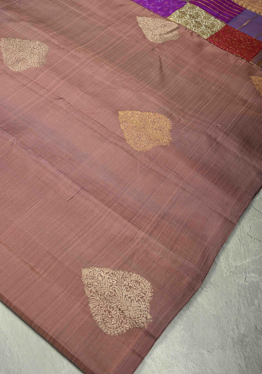 Dusty Mauve Borderless Pure Kanjivaram Silk Saree with Gold-Silver Buttas and Contemporary Patchwork on Pallu  | SILK MARK CERTIFIED