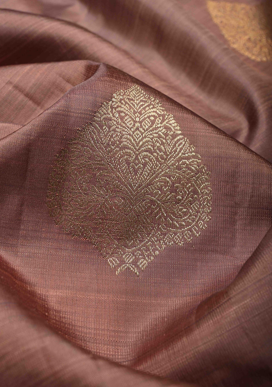 Dusty Mauve Borderless Pure Kanjivaram Silk Saree with Gold-Silver Buttas and Contemporary Patchwork on Pallu  | SILK MARK CERTIFIED