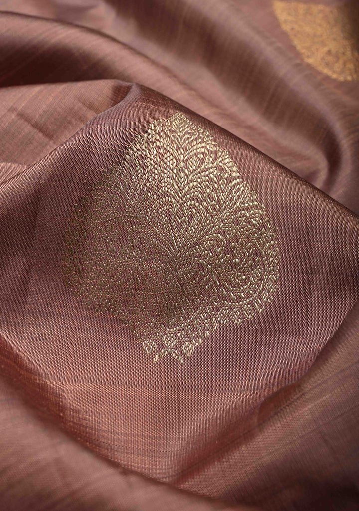 Dusty Mauve Borderless Pure Kanjivaram Silk Saree with Gold-Silver Buttas and Contemporary Patchwork on Pallu  | SILK MARK CERTIFIED