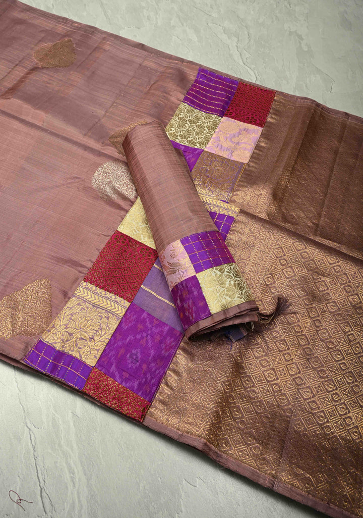 Dusty Mauve Borderless Pure Kanjivaram Silk Saree with Gold-Silver Buttas and Contemporary Patchwork on Pallu  | SILK MARK CERTIFIED