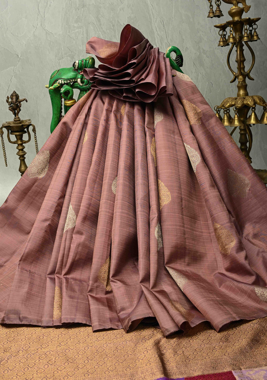 Dusty Mauve Borderless Pure Kanjivaram Silk Saree with Gold-Silver Buttas and Contemporary Patchwork on Pallu  | SILK MARK CERTIFIED