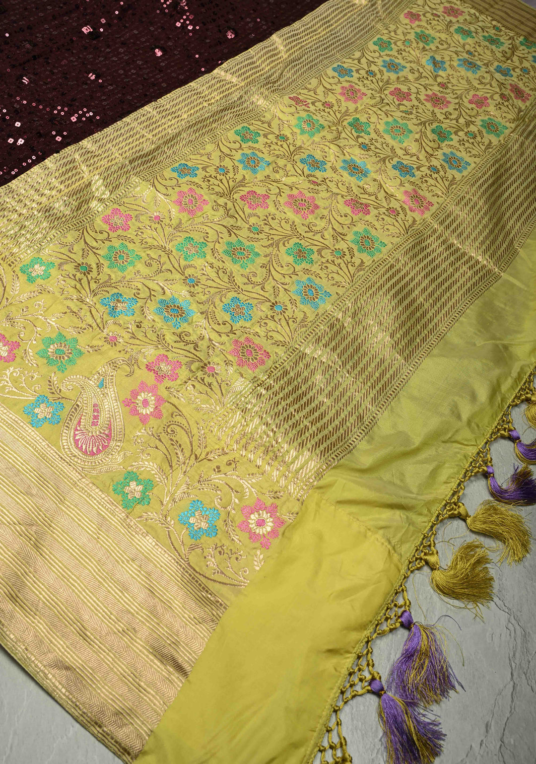 Kanchana tone on tone Sequin on Net Fusion Saree with Two Side Banarasi Pure Silk Border and Pallu