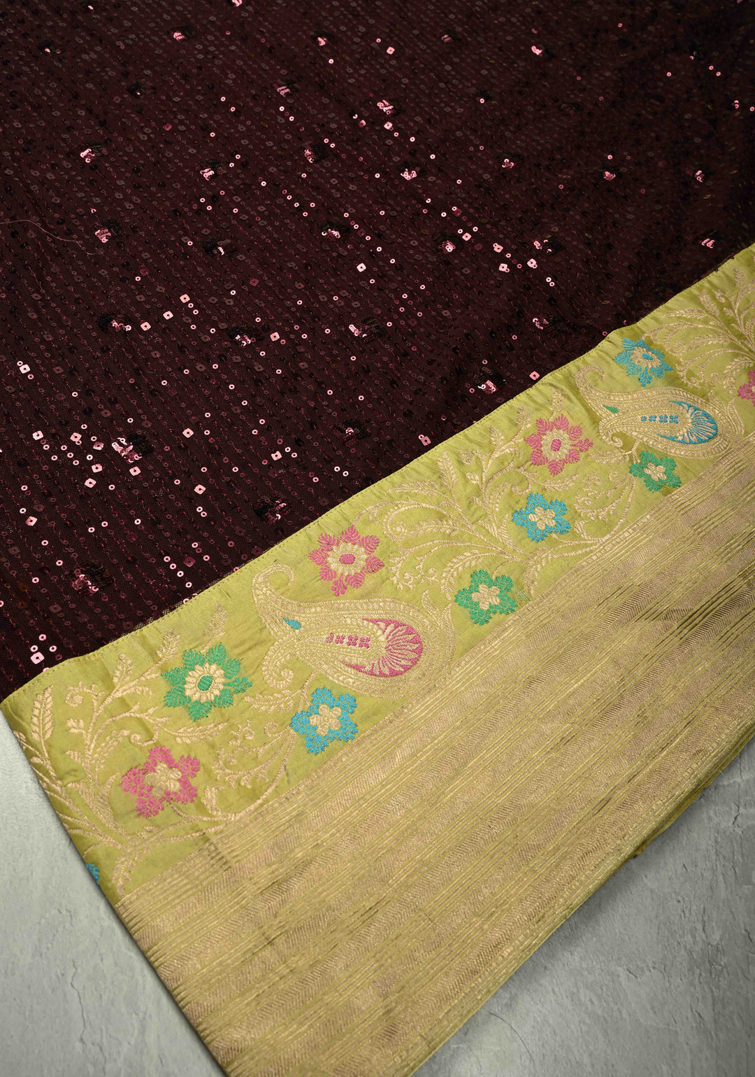 Kanchana tone on tone Sequin on Net Fusion Saree with Two Side Banarasi Pure Silk Border and Pallu