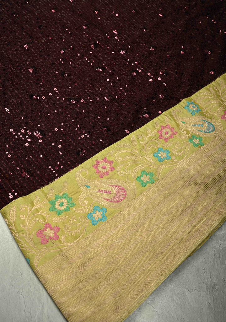 Kanchana tone on tone Sequin on Net Fusion Saree with Two Side Banarasi Pure Silk Border and Pallu