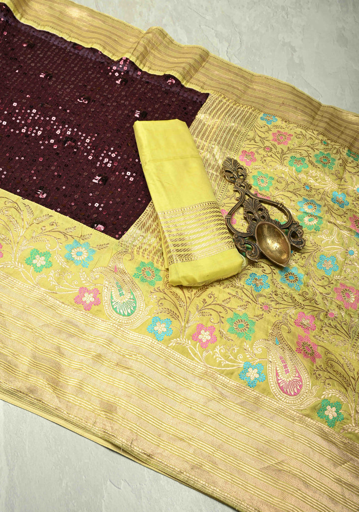 Kanchana tone on tone Sequin on Net Fusion Saree with Two Side Banarasi Pure Silk Border and Pallu