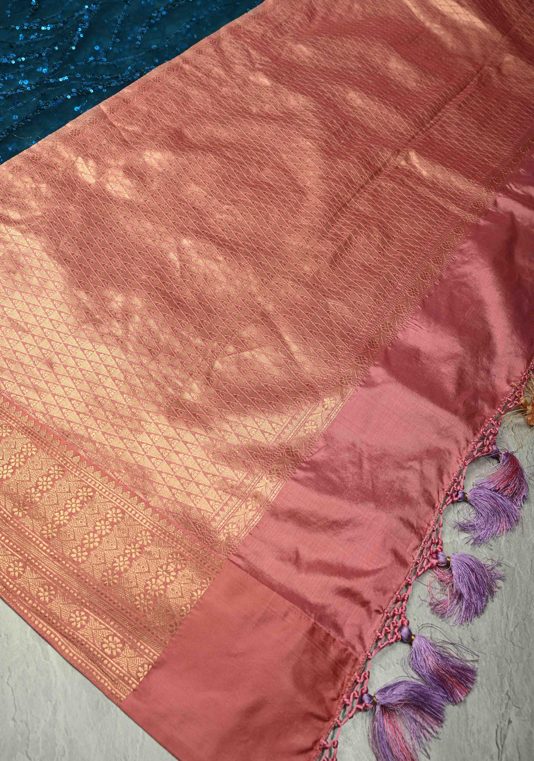 Peacock Blue tone on tone Sequin on Net Fusion Saree with Two Side Banarasi Pure Silk Border and Pallu