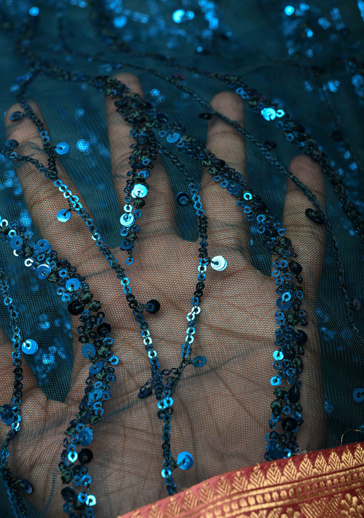 Peacock Blue tone on tone Sequin on Net Fusion Saree with Two Side Banarasi Pure Silk Border and Pallu