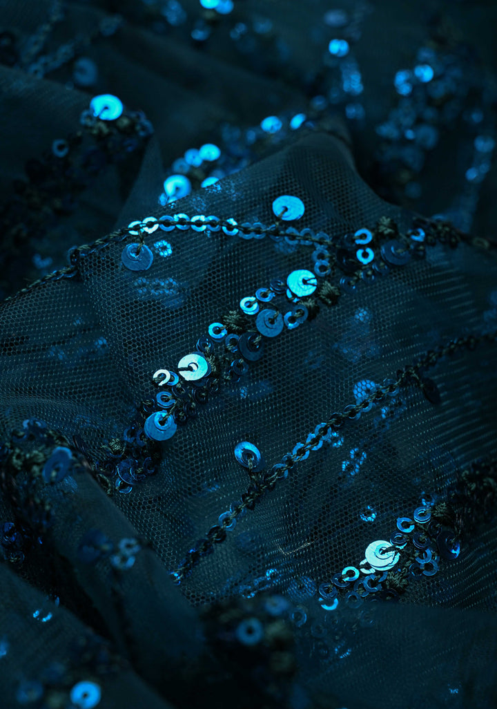 Peacock Blue tone on tone Sequin on Net Fusion Saree with Two Side Banarasi Pure Silk Border and Pallu