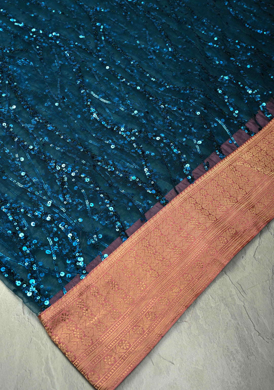 Peacock Blue tone on tone Sequin on Net Fusion Saree with Two Side Banarasi Pure Silk Border and Pallu