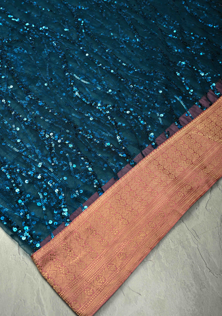 Peacock Blue tone on tone Sequin on Net Fusion Saree with Two Side Banarasi Pure Silk Border and Pallu
