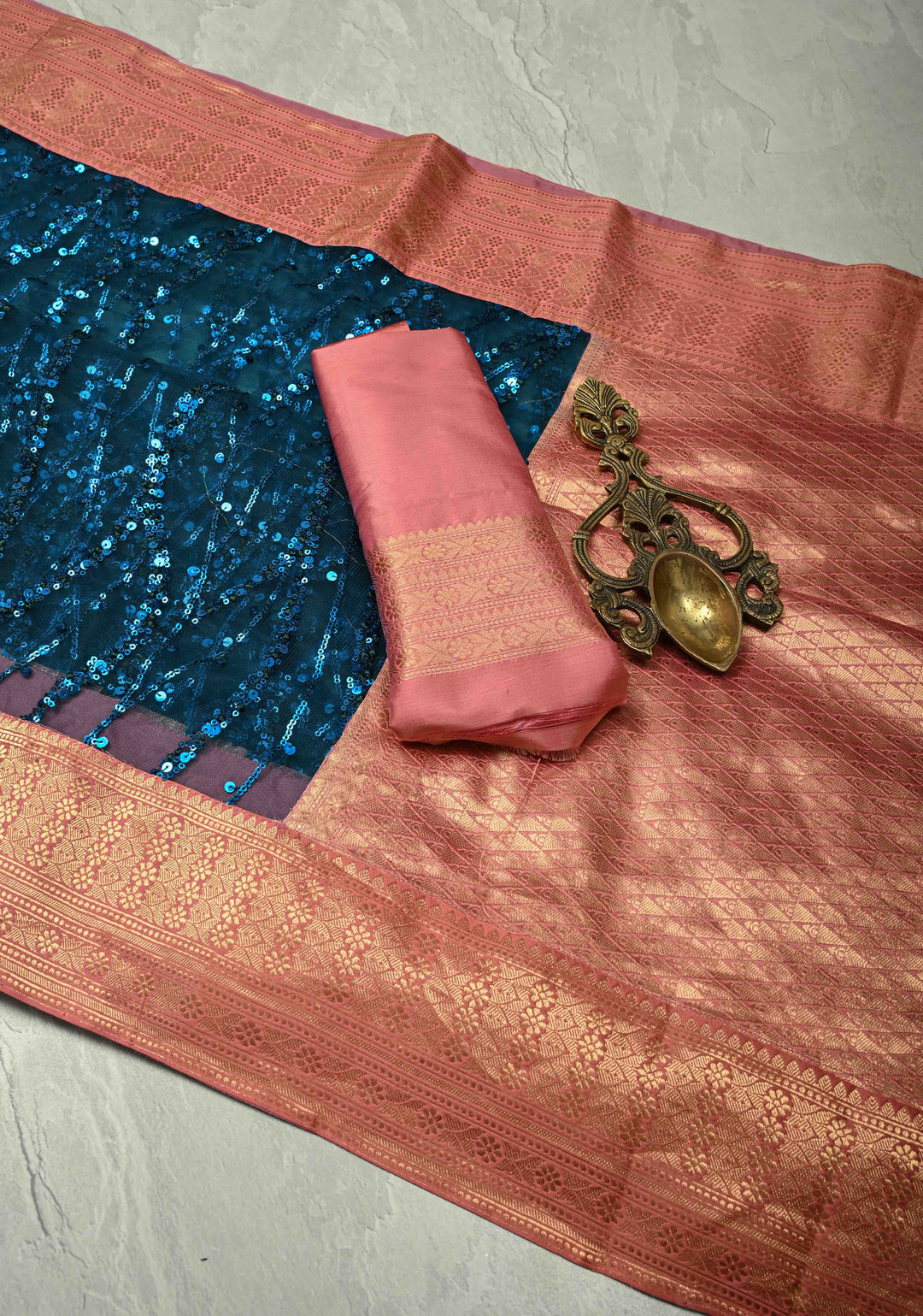 Peacock Blue tone on tone Sequin on Net Fusion Saree with Two Side Banarasi Pure Silk Border and Pallu