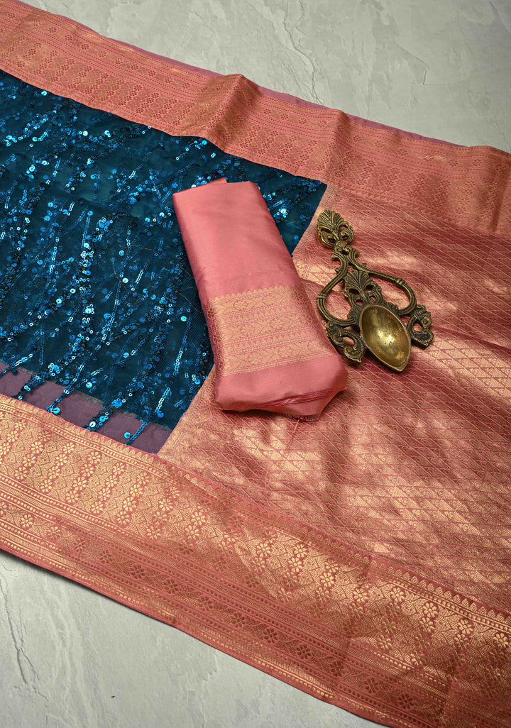 Peacock Blue tone on tone Sequin on Net Fusion Saree with Two Side Banarasi Pure Silk Border and Pallu