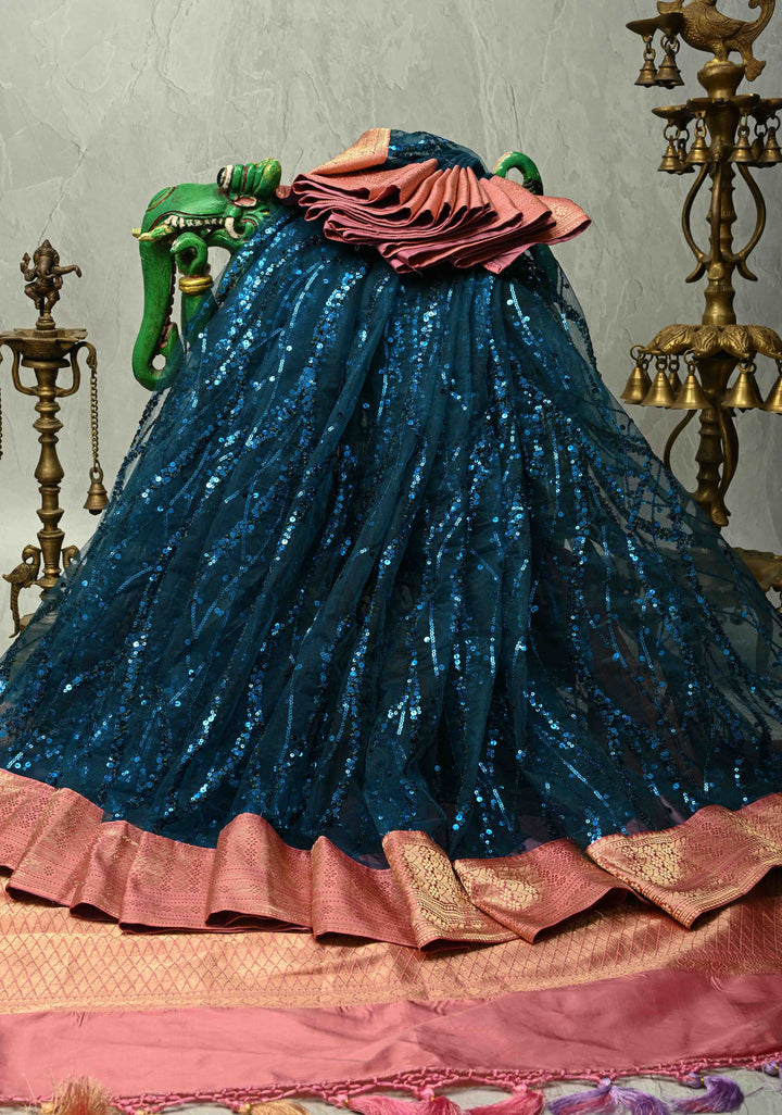 Peacock Blue tone on tone Sequin on Net Fusion Saree with Two Side Banarasi Pure Silk Border and Pallu