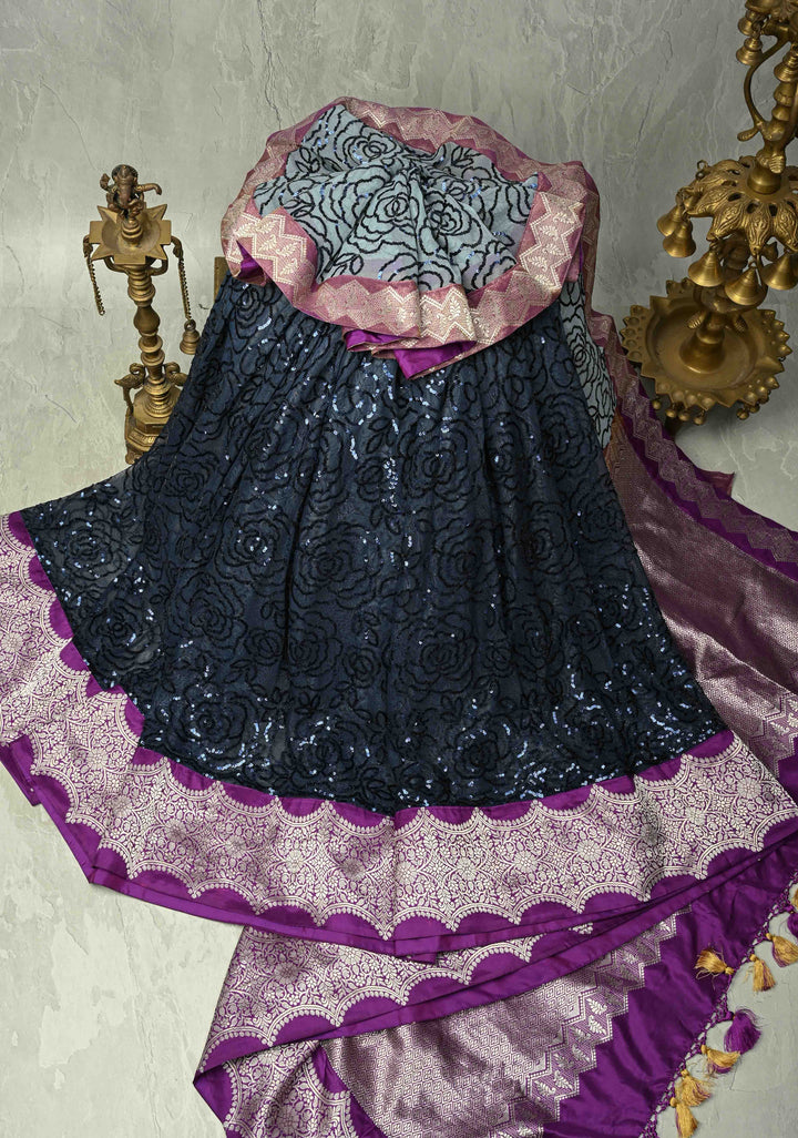 Ombre Blue Shades tone on tone Sequin on Net Saree with Rose Jaal and Two Side Fusion Banarasi Scallop Border