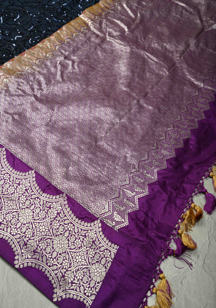 Ombre Blue Shades tone on tone Sequin on Net Saree with Rose Jaal and Two Side Fusion Banarasi Scallop Border