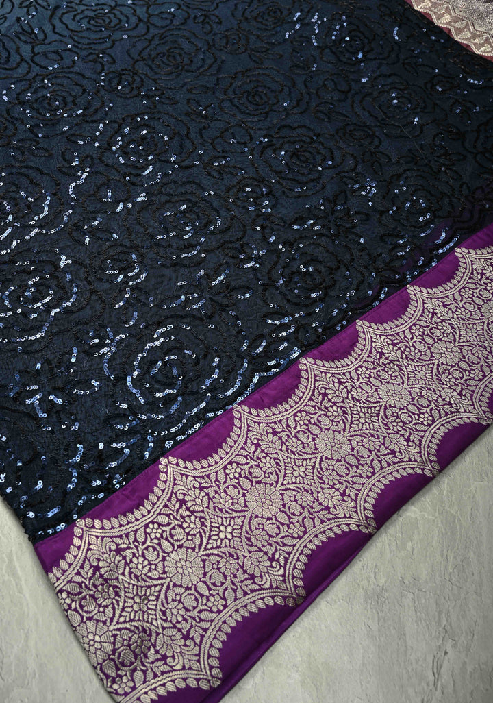 Ombre Blue Shades tone on tone Sequin on Net Saree with Rose Jaal and Two Side Fusion Banarasi Scallop Border