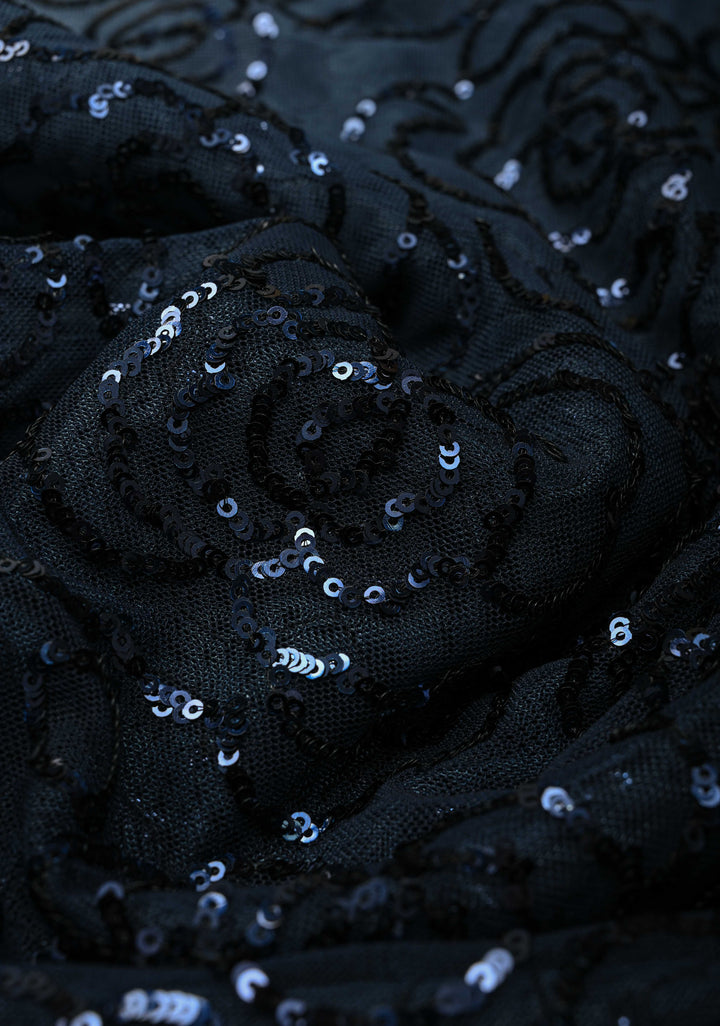 Ombre Blue Shades tone on tone Sequin on Net Saree with Rose Jaal and Two Side Fusion Banarasi Scallop Border