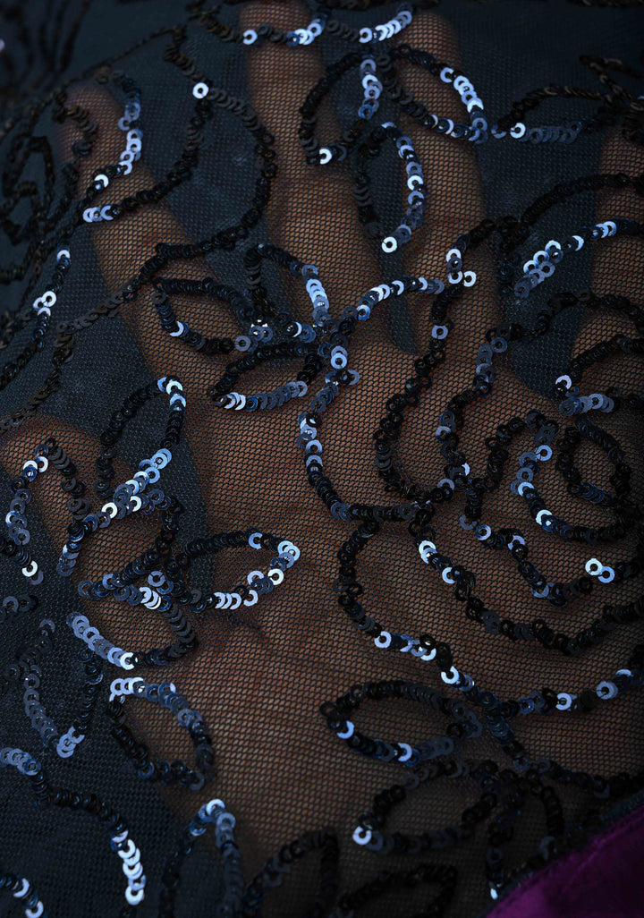 Ombre Blue Shades tone on tone Sequin on Net Saree with Rose Jaal and Two Side Fusion Banarasi Scallop Border