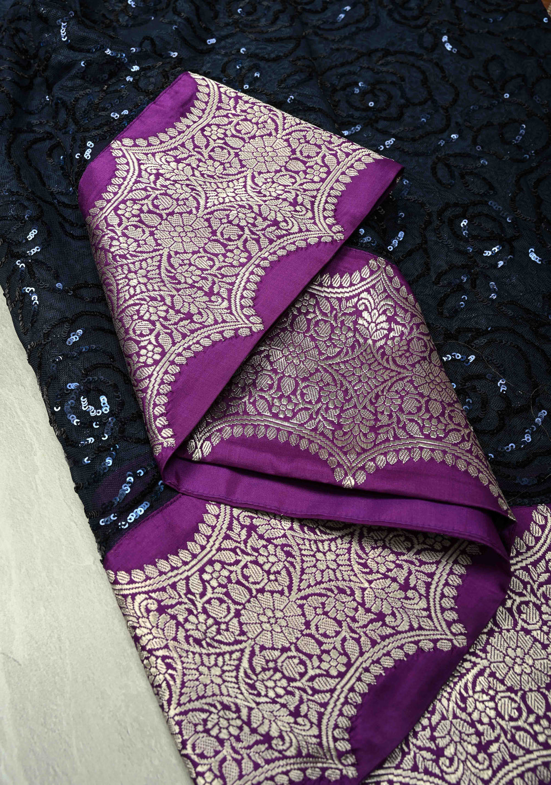 Ombre Blue Shades tone on tone Sequin on Net Saree with Rose Jaal and Two Side Fusion Banarasi Scallop Border