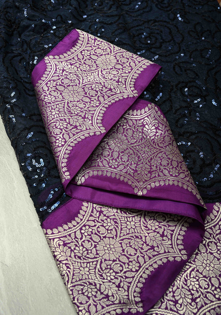 Ombre Blue Shades tone on tone Sequin on Net Saree with Rose Jaal and Two Side Fusion Banarasi Scallop Border