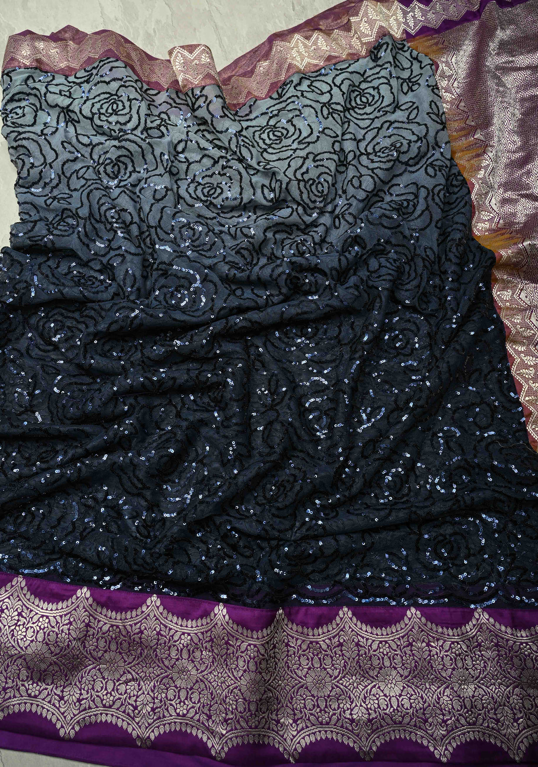 Ombre Blue Shades tone on tone Sequin on Net Saree with Rose Jaal and Two Side Fusion Banarasi Scallop Border