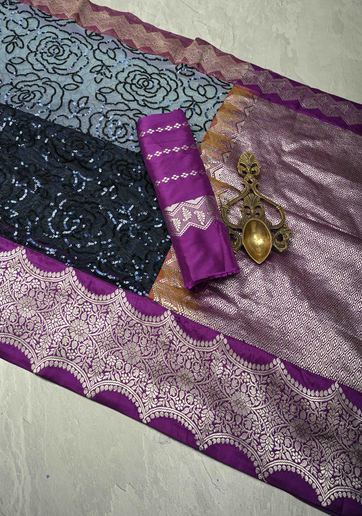 Ombre Blue Shades tone on tone Sequin on Net Saree with Rose Jaal and Two Side Fusion Banarasi Scallop Border