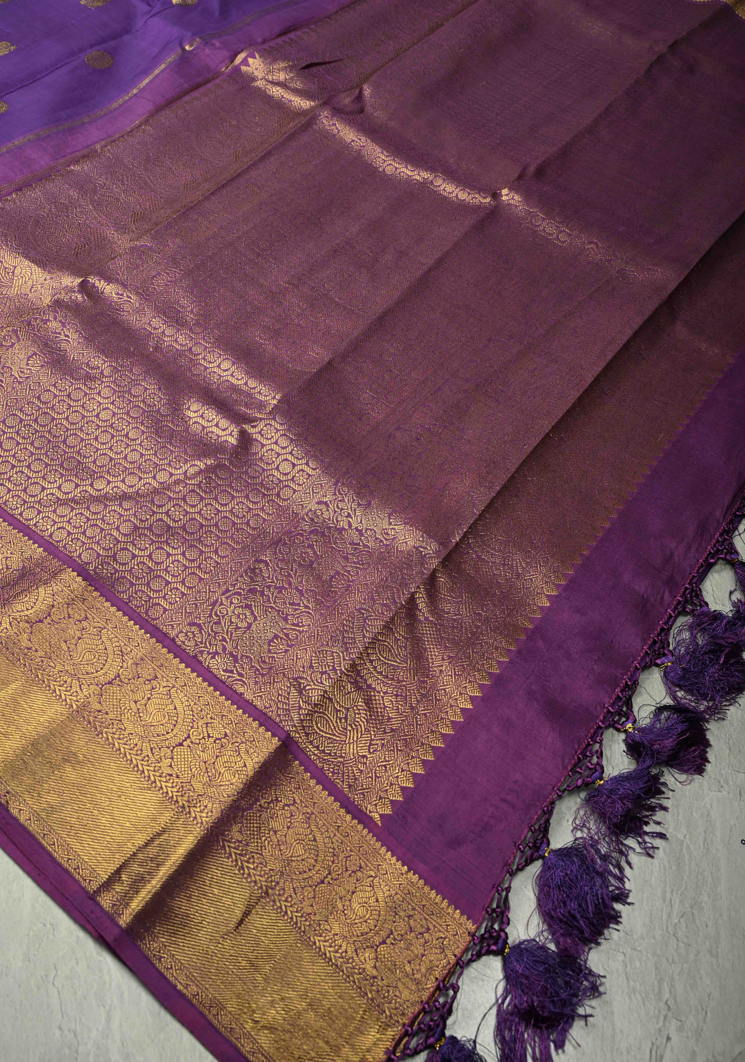 Deep Purple Kanjivaram Silk Saree with Zari Motifs and Zari Border | SILK MARK CERTIFIED