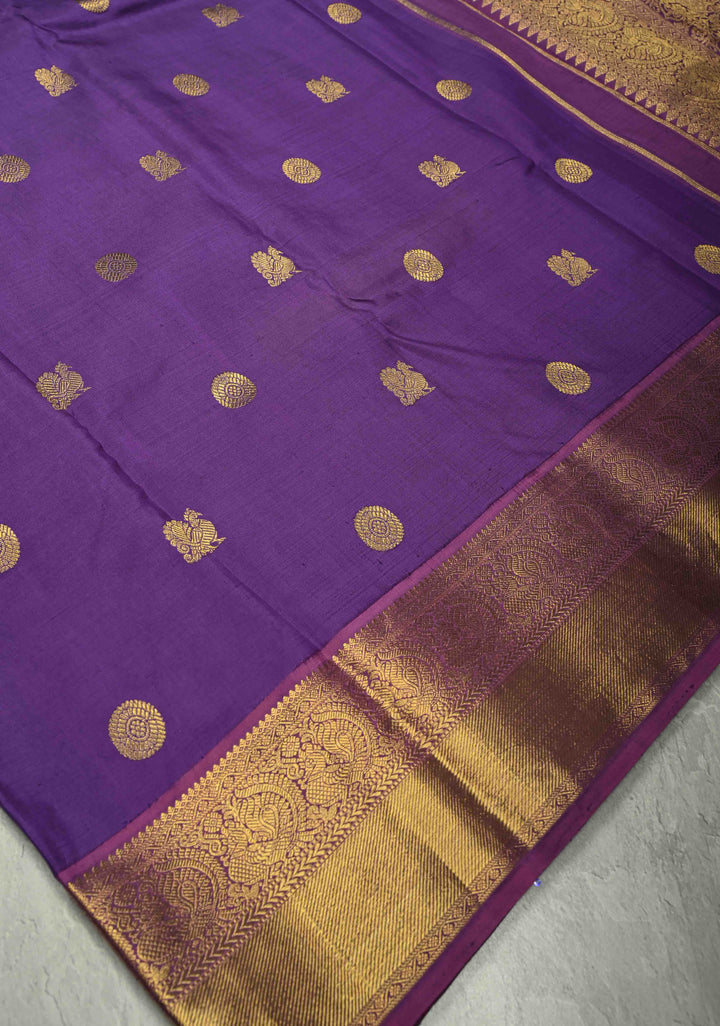 Deep Purple Kanjivaram Silk Saree with Zari Motifs and Zari Border | SILK MARK CERTIFIED