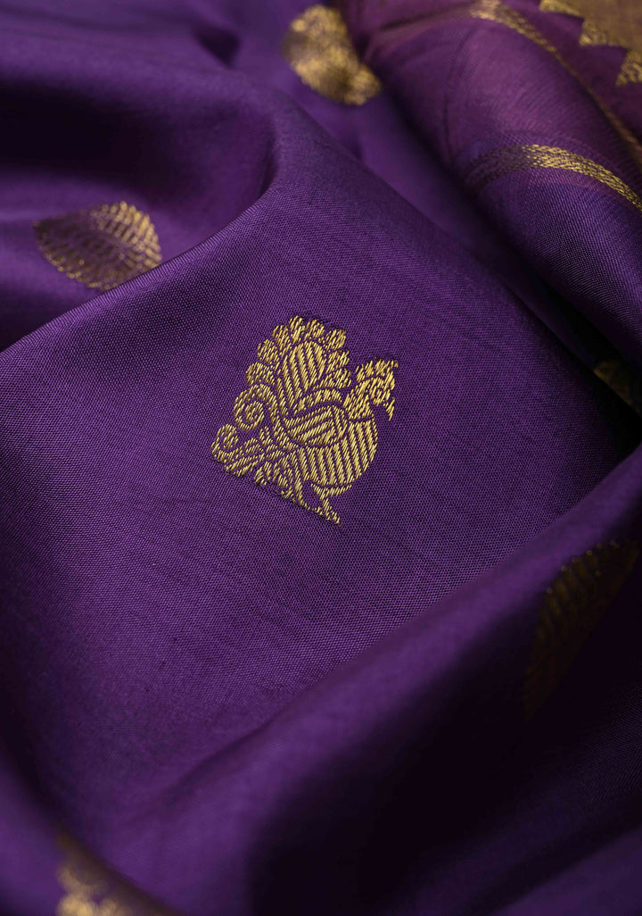 Deep Purple Kanjivaram Silk Saree with Zari Motifs and Zari Border | SILK MARK CERTIFIED