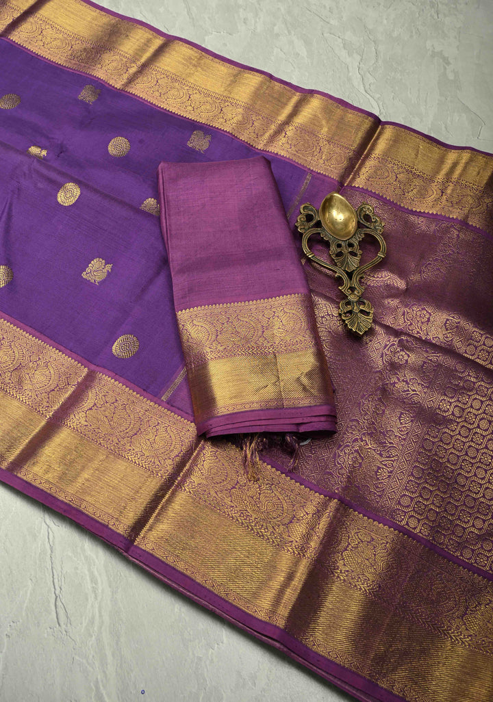 Deep Purple Kanjivaram Silk Saree with Zari Motifs and Zari Border | SILK MARK CERTIFIED