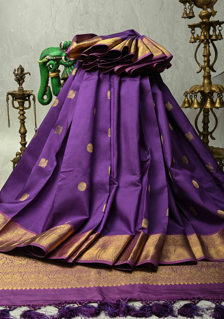 Deep Purple Kanjivaram Silk Saree with Zari Motifs and Zari Border | SILK MARK CERTIFIED