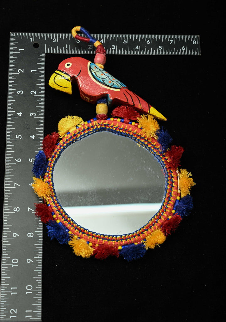 Ethnic Indian Decor : Bohemian Colorful Tassel Hand Mirror and Wooden Parrot Charm | SHOBITAM