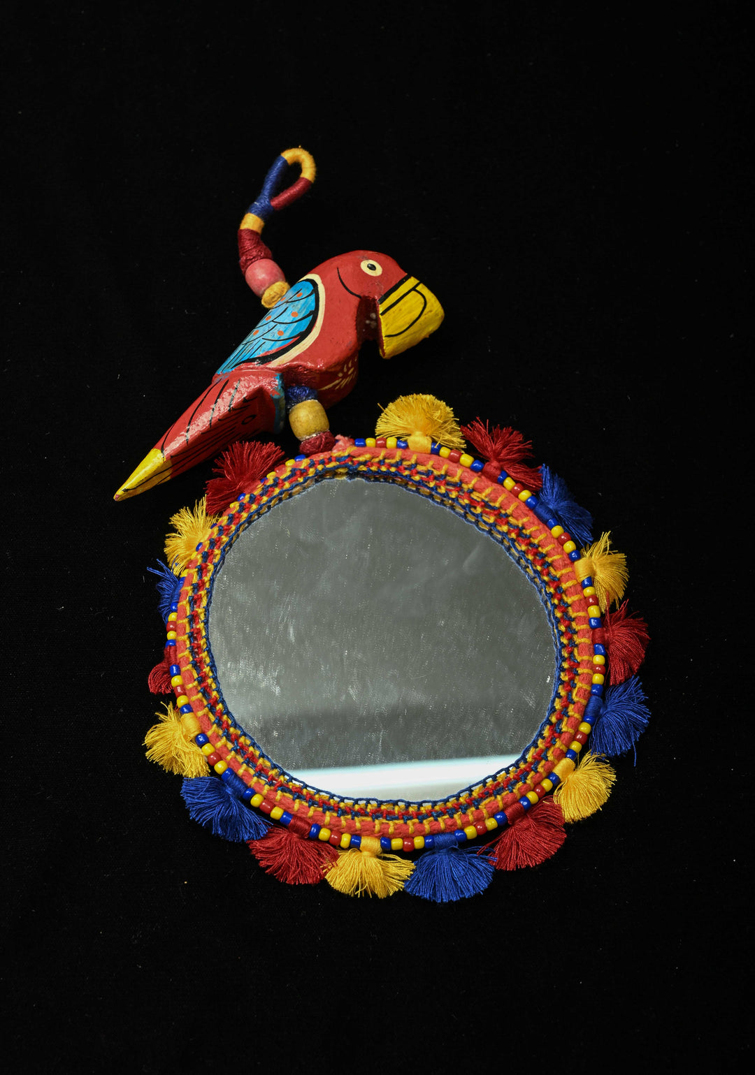 Ethnic Indian Decor : Bohemian Colorful Tassel Hand Mirror and Wooden Parrot Charm | SHOBITAM