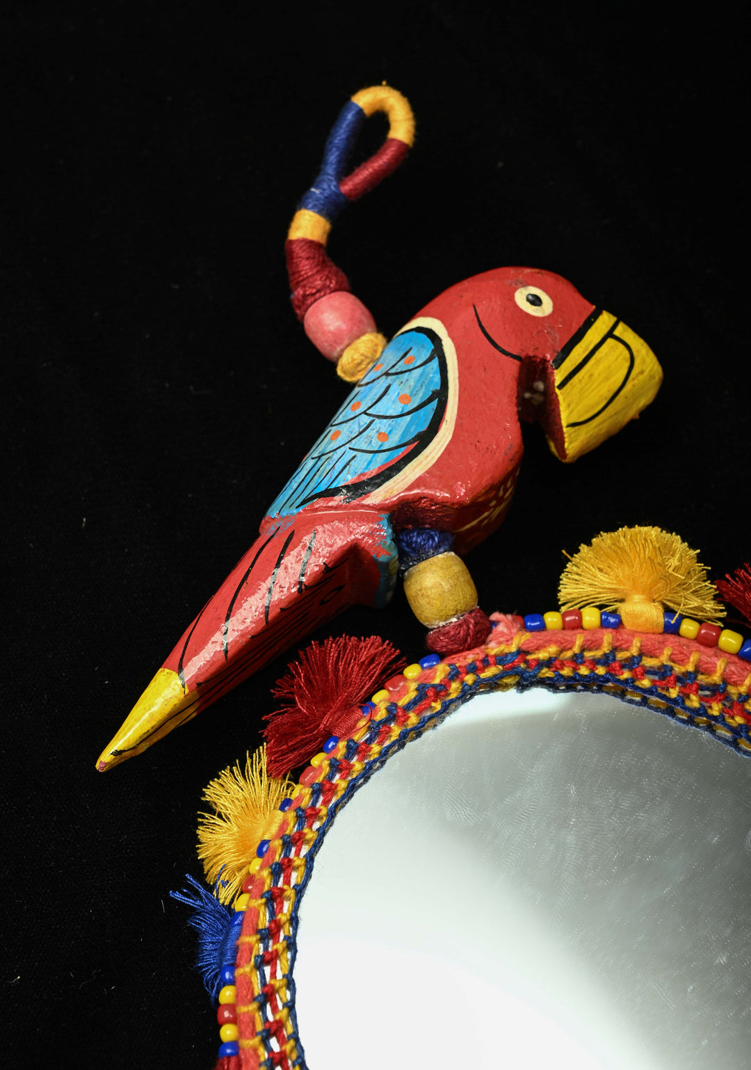 Ethnic Indian Decor : Bohemian Colorful Tassel Hand Mirror and Wooden Parrot Charm | SHOBITAM
